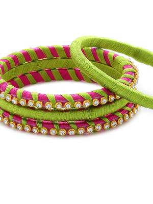 Girls Green Stone Chain Wrapped with Silk Thread Bangle 4