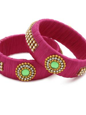 Girls Pink Stone Chain / Beads Silk Thread Bangle 3