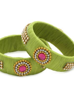 Girls Green Stone Chain / Beads Silk Thread Bangle 3