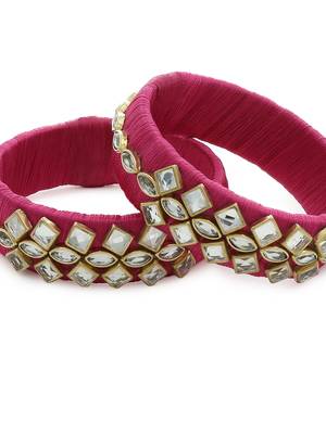 Girls Pink Kundan Stone Silk Thread Bangle 3