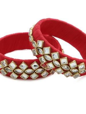 Girls Red Kundan Stone Silk Thread Bangle 3
