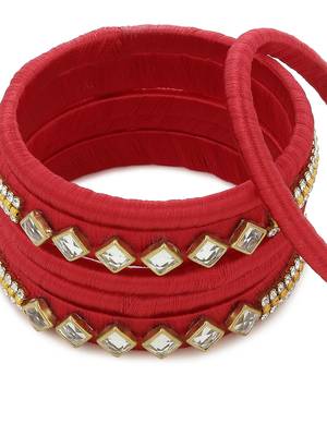 Girls Red Kundan Stone Silk Thread Bangle 4