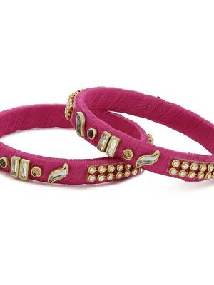Girls Pink Kundan Stone Silk Thread Bangle 3