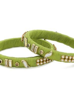 Girls Green Kundan Stone Silk Thread Bangle 3