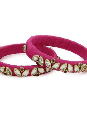 Girls Pink Kundan Stone Silk Thread Bangle 3