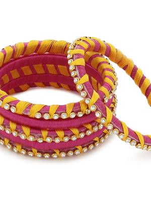 Girls Pink Stone Chain wrapped with Silk Thread Bangle 4