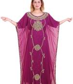 Wine Zari Stone Work Georgette Islamic Style Beads Embedded Partywear Kaftan Long Gown Evening wear Dubai kaftan