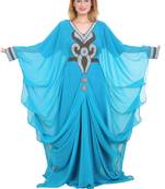 Aqua Blue Zari Stone Work Georgette Islamic Style Beads Embedded Partywear Kaftan Long Gown Evening wear Dubai kaftan