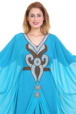 Aqua Blue Zari Stone Work Georgette Islamic Style Beads Embedded Partywear Kaftan Long Gown Evening wear Dubai kaftan 2