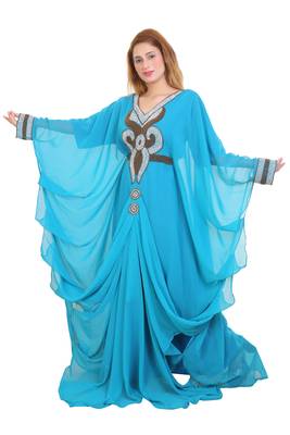 Aqua Blue Zari Stone Work Georgette Islamic Style Beads Embedded Partywear Kaftan Long Gown Evening wear Dubai kaftan 3