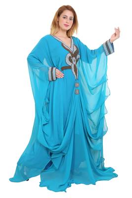 Aqua Blue Zari Stone Work Georgette Islamic Style Beads Embedded Partywear Kaftan Long Gown Evening wear Dubai kaftan 4