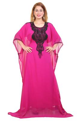 Rani Pink Zari Stone Work Georgette Islamic Style Beads Embedded Partywear Kaftan Long Gown Evening wear Dubai kaftan 1