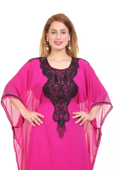Rani Pink Zari Stone Work Georgette Islamic Style Beads Embedded Partywear Kaftan Long Gown Evening wear Dubai kaftan