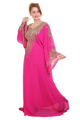Rani Pink Zari Stone Work Georgette Islamic Style Beads Embedded Partywear Kaftan Long Gown Evening wear Dubai kaftan 3