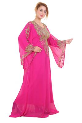 Rani Pink Zari Stone Work Georgette Islamic Style Beads Embedded Partywear Kaftan Long Gown Evening wear Dubai kaftan 4