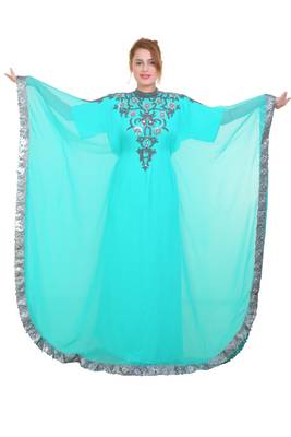 Sea Green Zari Stone Work Georgette Islamic Style Beads Embedded Partywear Kaftan Long Gown Evening wear Dubai kaftan 1