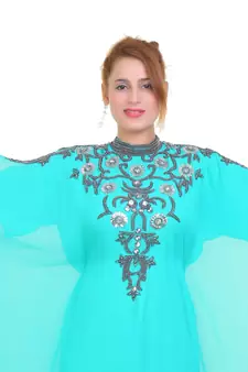 Sea Green Zari Stone Work Georgette Islamic Style Beads Embedded Partywear Kaftan Long Gown Evening wear Dubai kaftan