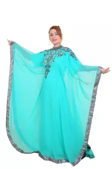 Sea Green Zari Stone Work Georgette Islamic Style Beads Embedded Partywear Kaftan Long Gown Evening wear Dubai kaftan