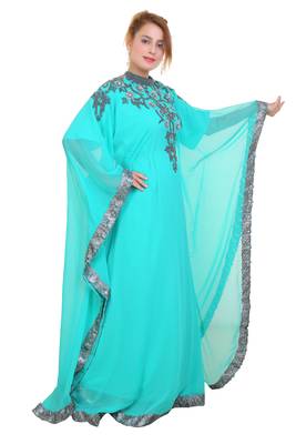 Sea Green Zari Stone Work Georgette Islamic Style Beads Embedded Partywear Kaftan Long Gown Evening wear Dubai kaftan 4