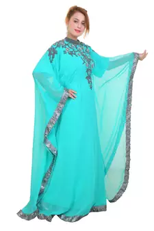 Sea Green Zari Stone Work Georgette Islamic Style Beads Embedded Partywear Kaftan Long Gown Evening wear Dubai kaftan