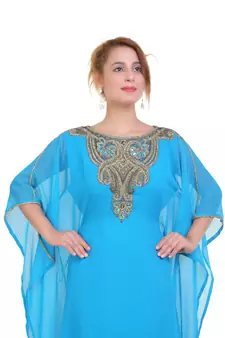 Blue/ferozi Zari Stone Work Georgette Islamic Style Beads Embedded Partywear Kaftan Long Gown Evening wear Dubai kaftan