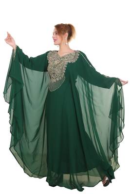 Bottle Green Zari Stone Work Georgette Islamic Style Beads Embedded Partywear Kaftan Long Gown Evening wear Dubai kaftan 1