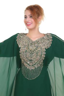 Bottle Green Zari Stone Work Georgette Islamic Style Beads Embedded Partywear Kaftan Long Gown Evening wear Dubai kaftan 2