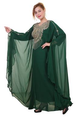 Bottle Green Zari Stone Work Georgette Islamic Style Beads Embedded Partywear Kaftan Long Gown Evening wear Dubai kaftan 4