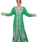 parrot Green Zari Stone Work Georgette Islamic Style Beads Embedded Partywear Kaftan Long Gown  Dubai kaftan