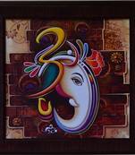 Colorful Om Ganesha Design Satin Matt Texture Framed UV Art Print