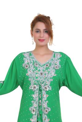 parrot Green Zari Stone Work Georgette Islamic Style Beads Embedded Partywear Kaftan Long Gown Dubai kaftan 2