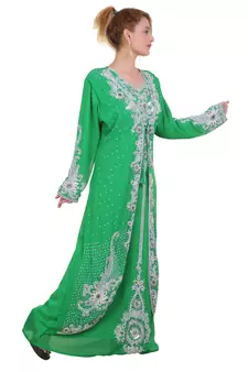 parrot Green Zari Stone Work Georgette Islamic Style Beads Embedded Partywear Kaftan Long Gown Dubai kaftan