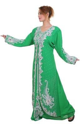 parrot Green Zari Stone Work Georgette Islamic Style Beads Embedded Partywear Kaftan Long Gown Dubai kaftan 4