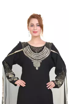 Black Zari Stone Work Georgette Islamic Style Beads Embedded Partywear Kaftan Long Gown Evening wear Dubai kaftan