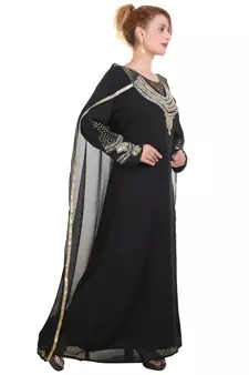 Black Zari Stone Work Georgette Islamic Style Beads Embedded Partywear Kaftan Long Gown Evening wear Dubai kaftan
