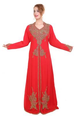 Red Zari Stone Work Georgette Islamic Style Beads Embedded Partywear Kaftan Long Gown Evening wear Dubai kaftan 1