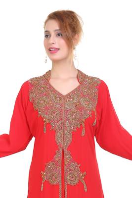 Red Zari Stone Work Georgette Islamic Style Beads Embedded Partywear Kaftan Long Gown Evening wear Dubai kaftan 2