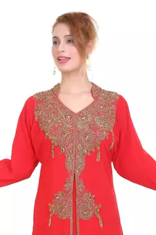 Red Zari Stone Work Georgette Islamic Style Beads Embedded Partywear Kaftan Long Gown Evening wear Dubai kaftan