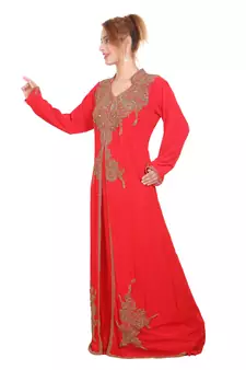 Red Zari Stone Work Georgette Islamic Style Beads Embedded Partywear Kaftan Long Gown Evening wear Dubai kaftan