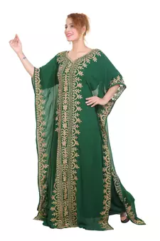 Green Aari Stone Work Georgette Islamic Style Beads Embedded Partywear Kaftan Long Gown Evening wear Dubai kaftan