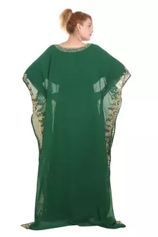 Green Aari Stone Work Georgette Islamic Style Beads Embedded Partywear Kaftan Long Gown Evening wear Dubai kaftan