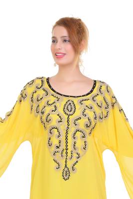 Yellow Aari Work Georgette Islamic Style Beads Embedded Partywear Kaftan Long Gown Evening wear Dubai kaftan 2