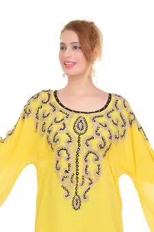 Yellow Aari Work Georgette Islamic Style Beads Embedded Partywear Kaftan Long Gown Evening wear Dubai kaftan