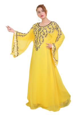 Yellow Aari Work Georgette Islamic Style Beads Embedded Partywear Kaftan Long Gown Evening wear Dubai kaftan 3