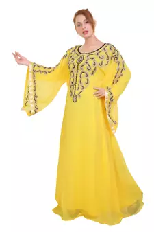 Yellow Aari Work Georgette Islamic Style Beads Embedded Partywear Kaftan Long Gown Evening wear Dubai kaftan