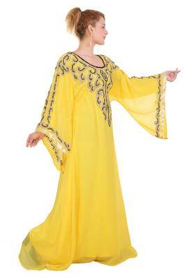 Yellow Aari Work Georgette Islamic Style Beads Embedded Partywear Kaftan Long Gown Evening wear Dubai kaftan 4