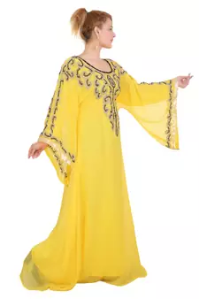 Yellow Aari Work Georgette Islamic Style Beads Embedded Partywear Kaftan Long Gown Evening wear Dubai kaftan