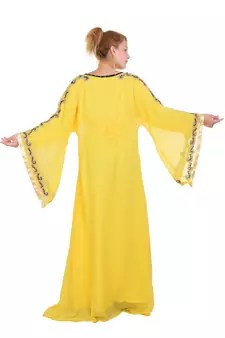 Yellow Aari Work Georgette Islamic Style Beads Embedded Partywear Kaftan Long Gown Evening wear Dubai kaftan