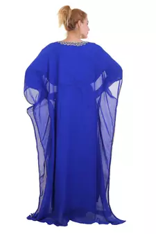 Blue Zari Stone Work Georgette Islamic Style Beads Embedded Partywear Kaftan Long Gown Evening wear Dubai kaftan