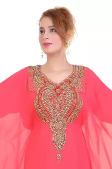 Peach Zari Stone Work Georgette Islamic Style Beads Embedded Partywear Kaftan Long Gown Evening wear Dubai kaftan
